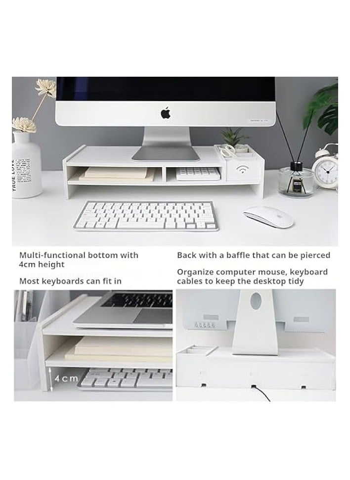 erorex - 2-Tier Computer Monitor Stand Riser,Desktop Wood Stand with Storage WiFi Box and Mobile Phone Holder for Home Office,Desk Riser Desktop Organizer Stand for Computer Laptop Printer - Image 1