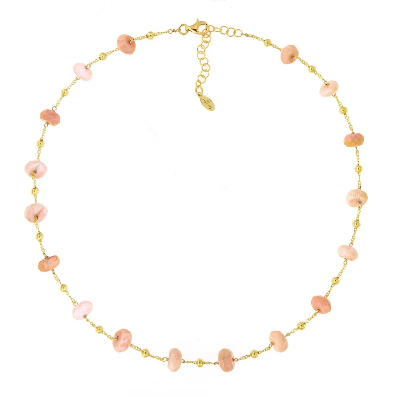 Guendalina Silver Necklace Yellow Gold Plated with Semi Precious Stones: Pink Opale