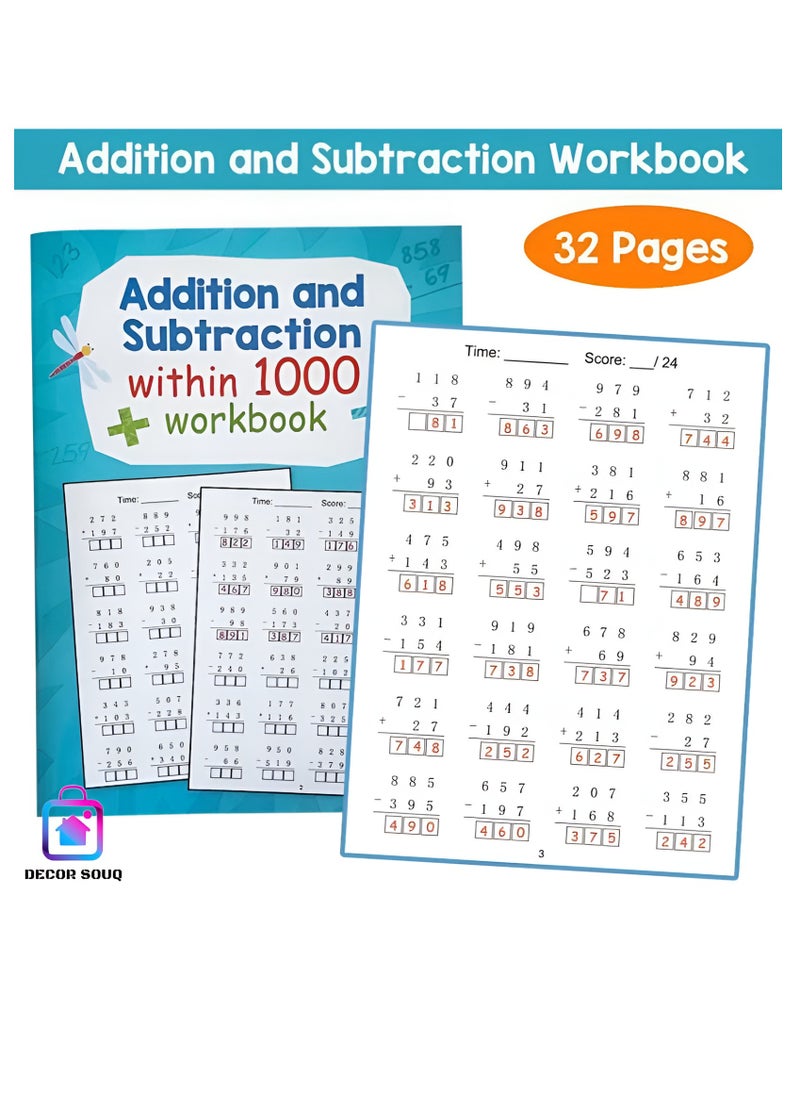 DECOR SOUQ Fun Learning Addition and Subtraction Workbook for Kids - Engaging Maths Practice Activities with Numbers Up to 1000 – Contains 32 Pages Problem Solving Questions - Perfect for Homeschooling, Classroom Use and Summer Learning - Boost Elementary Maths Skills with Easy-to-Follow Exercises and Colorful Worksheets - Best Workbook for Building Confidence in Maths – Worksheet for Children Aged 6+  - Image 1
