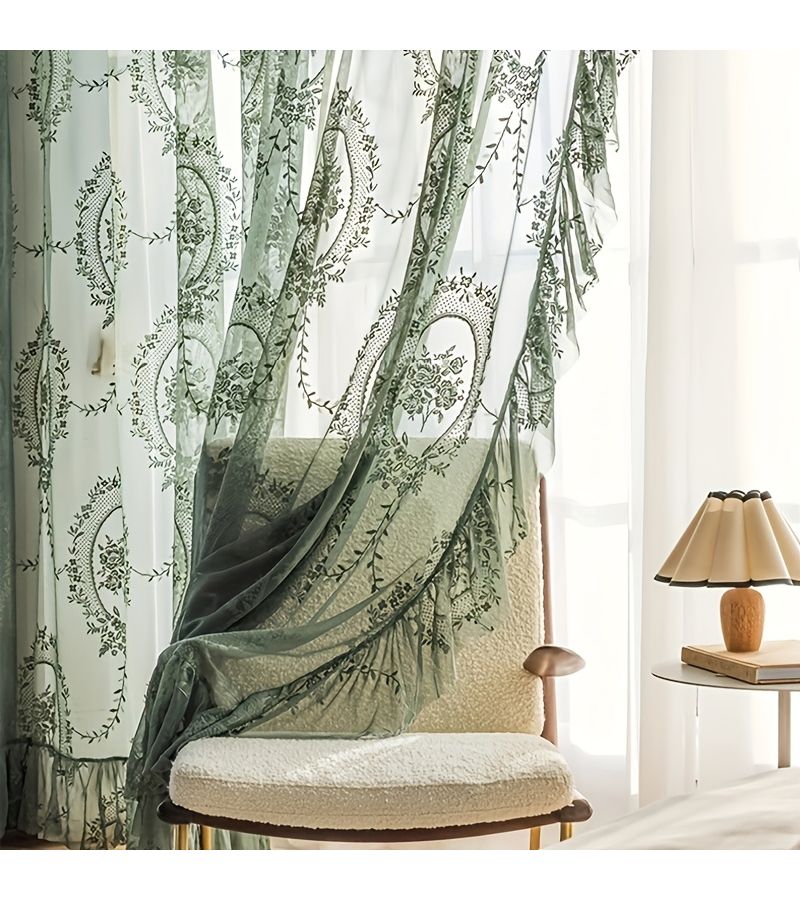 1pc Vintage Green Floral Embroidered Sheer Short Curtain 39 X 72in - Image 1