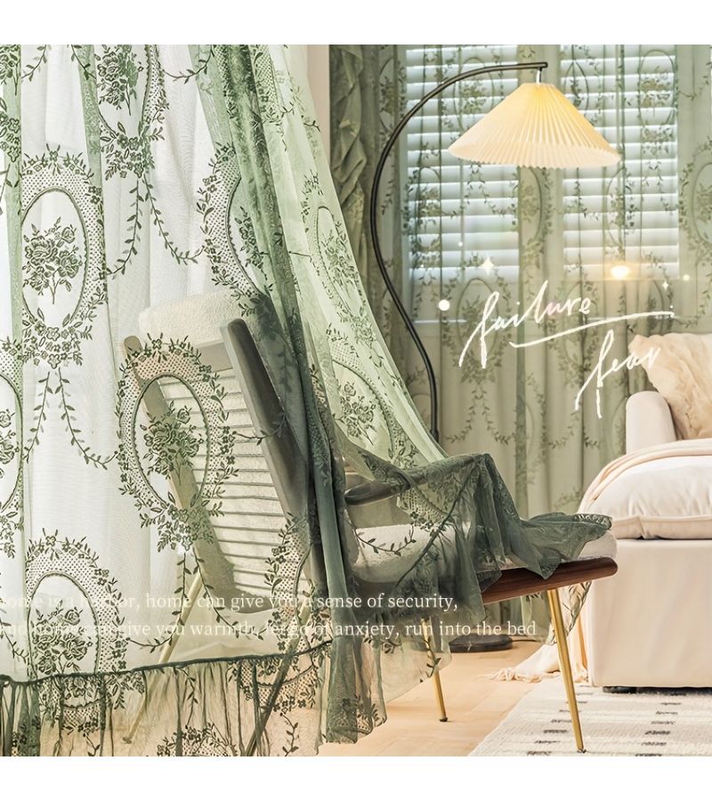 1pc Vintage Green Floral Embroidered Sheer Short Curtain 39 X 72in - Image 2