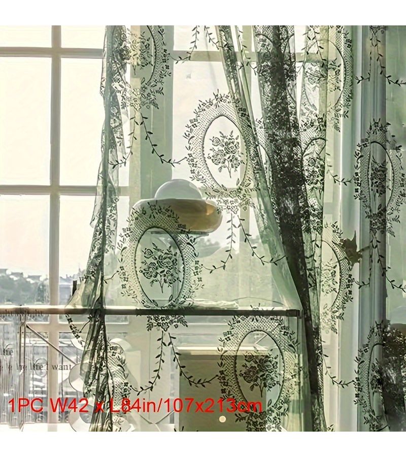 1pc Vintage Green Floral Embroidered Sheer Short Curtain 39 X 72in - Image 3