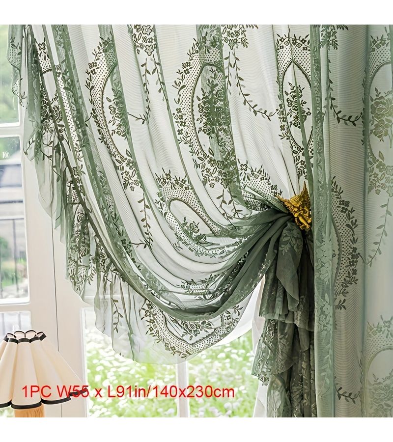 1pc Vintage Green Floral Embroidered Sheer Short Curtain 39 X 72in - Image 5