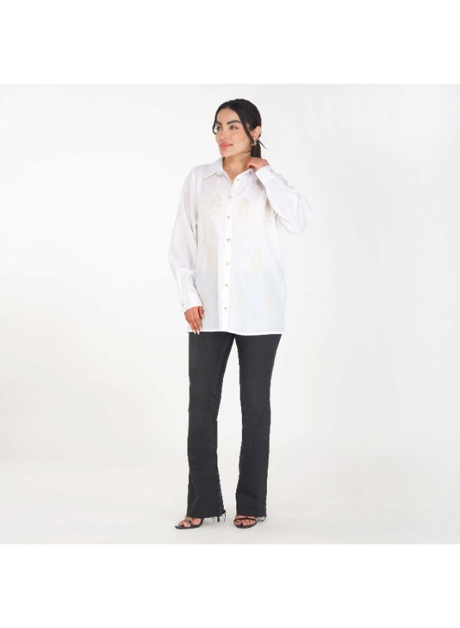 Linelle Soft Crepe Ladies Shirt – Collar Neck, Full Sleeves and Embroidery Detailing - Image 3