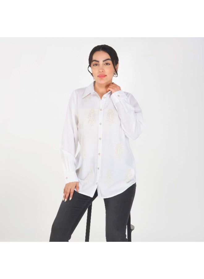 Linelle Soft Crepe Ladies Shirt – Collar Neck, Full Sleeves and Embroidery Detailing - Image 1