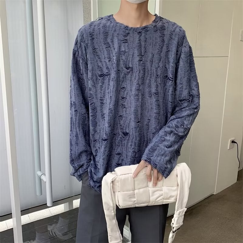 Korean Version Of Ins Niche Design Crew Neck Hole Long Sleeve Men'S And Women'S Retro Distressed Loose Top Abstinence T-Shirt Drape - Image 1