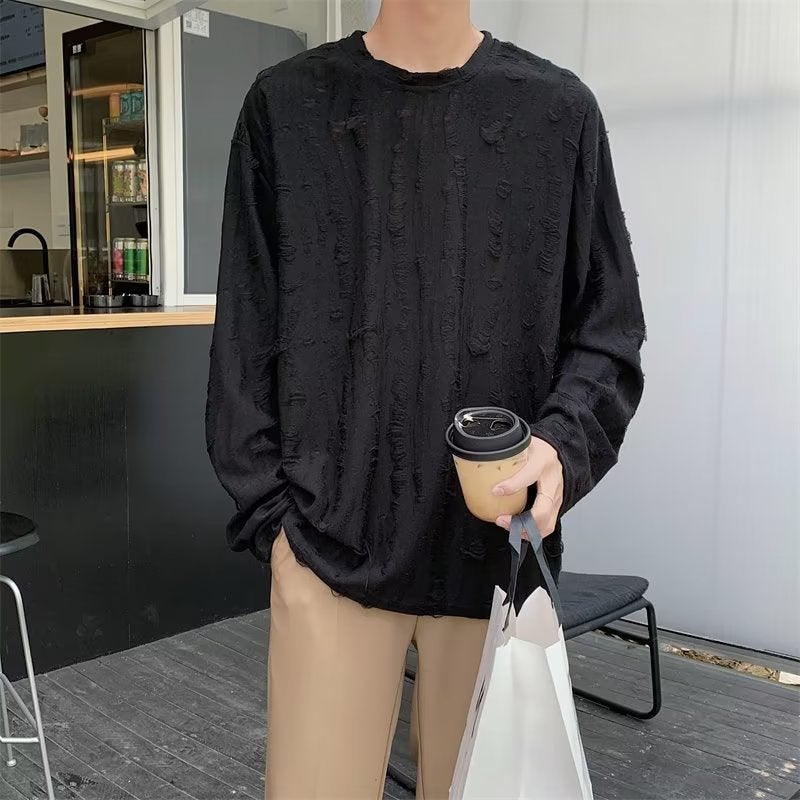 Korean Version Of Ins Niche Design Crew Neck Hole Long Sleeve Men'S And Women'S Retro Distressed Loose Top Abstinence T-Shirt Drape - Image 2