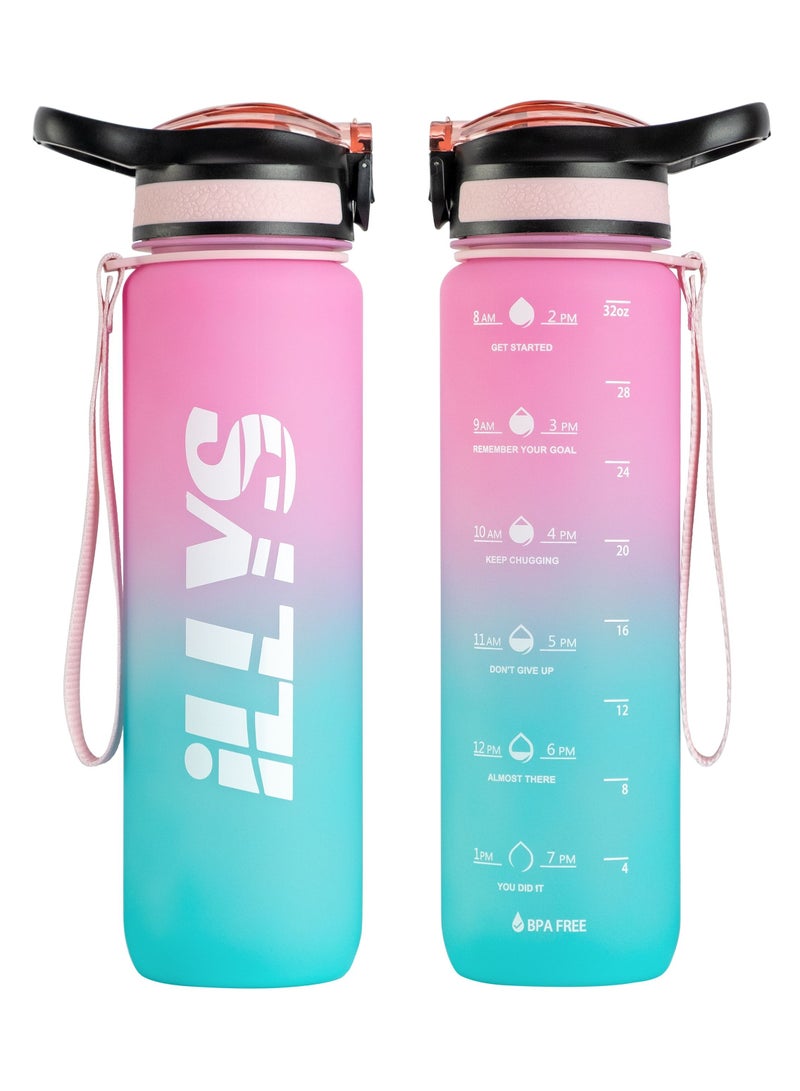 قنينة ماء رياضية سعة 1 لتر / 32 أونصة مع تحديد الوقت التحفيزي قارورة من البلاستيك تريتان مقاومة للتسرب خالية من مادة  البيسفينول أ  للأطفال واللياقة البدنية والصالة الرياضية والمكتب والمدرسة - Image 1