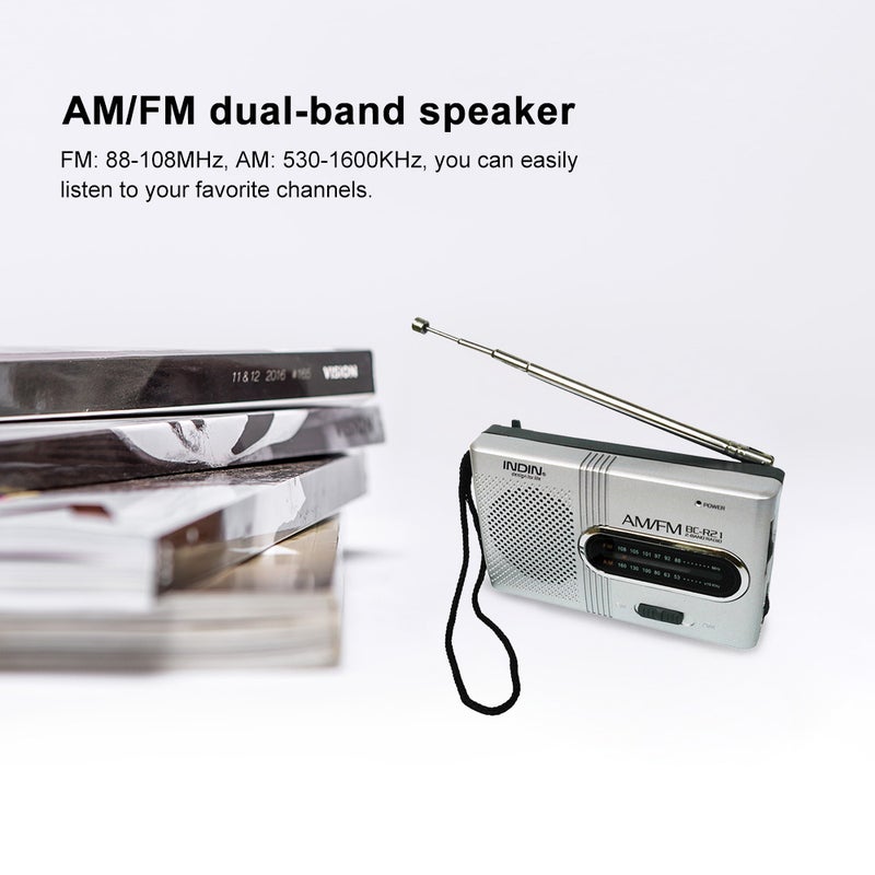 INDIN BC-R21 AM/FM Dual Band Radio Receiver Portable Player Built-in Speaker with a Standard 3.5MM Headphones Jack Silver grey - Image 5