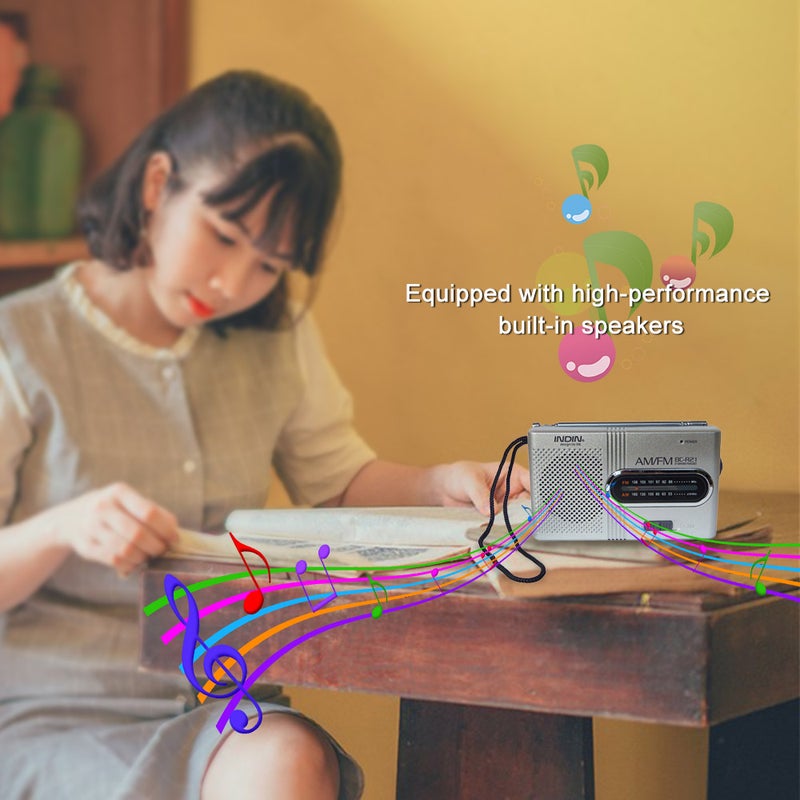 INDIN BC-R21 AM/FM Dual Band Radio Receiver Portable Player Built-in Speaker with a Standard 3.5MM Headphones Jack Silver grey - Image 2