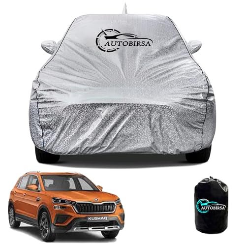 AUTOBIRSA Waterproof Car Body Cover for Skoda Kushaq with Mirror and Antenna Pocket and Soft Cotton Lining (4 Side Elastic Triple Stitched & Metallic Silver with Black Piping Style) - Image 1