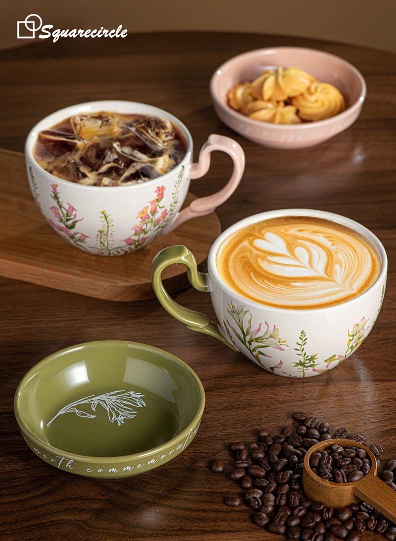 دائرة مربعة كوب قهوة سيراميك مع غطاء يُستخدم كطبق – سعة 16 أونصة، تصميم زهري أنيق، كوب قهوة وشاي للاستخدام اليومي والهدايا - Image 3