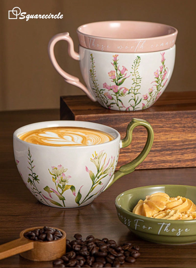 دائرة مربعة كوب قهوة سيراميك مع غطاء يُستخدم كطبق – سعة 16 أونصة، تصميم زهري أنيق، كوب قهوة وشاي للاستخدام اليومي والهدايا - Image 4