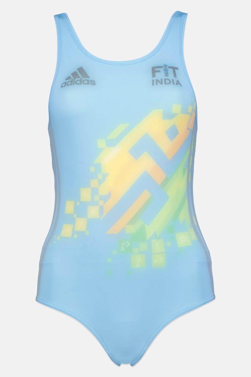 Adidas Women Graphic Print One Piece Swimsuit, Light Blue - Image 1