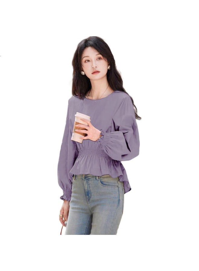 dme Demana [Breathable Cotton] Spring And Autumn French-Style Loose-Fitting Round Neck Slim-Fit Drop Shoulder Concealing Shirt Women'S Top - Image 1