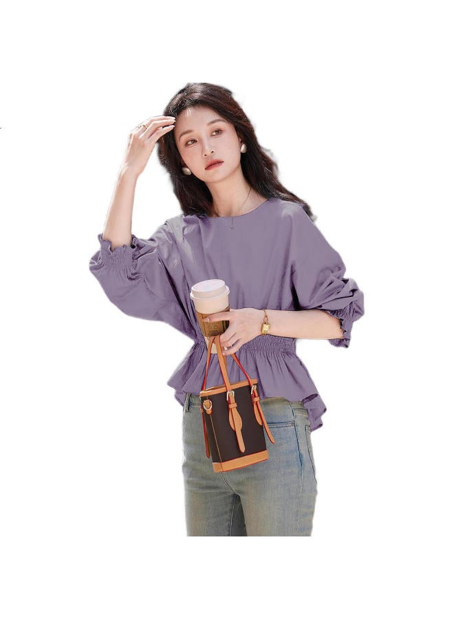 dme Demana [Breathable Cotton] Spring And Autumn French-Style Loose-Fitting Round Neck Slim-Fit Drop Shoulder Concealing Shirt Women'S Top - Image 2