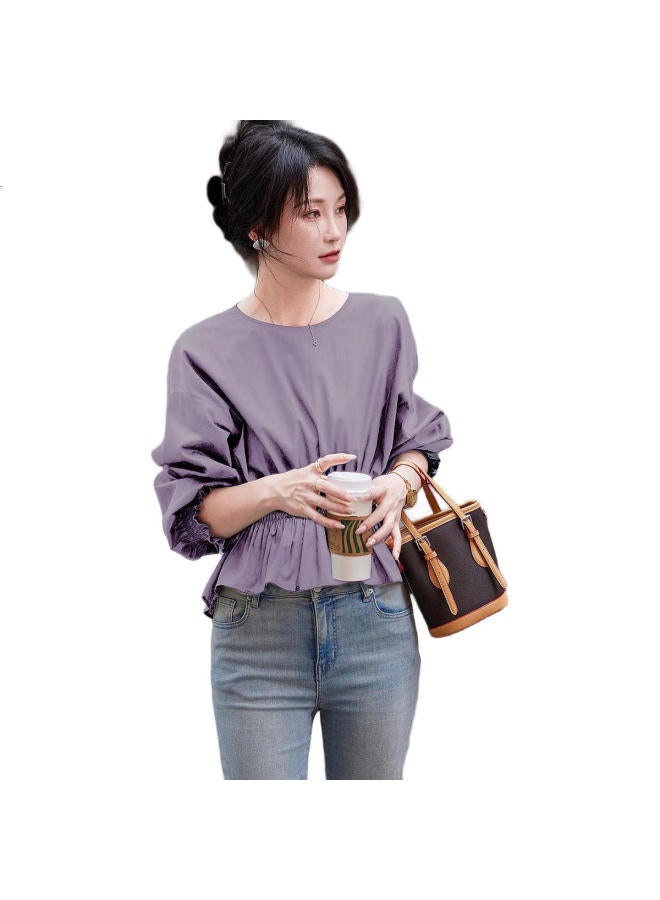 dme Demana [Breathable Cotton] Spring And Autumn French-Style Loose-Fitting Round Neck Slim-Fit Drop Shoulder Concealing Shirt Women'S Top - Image 3