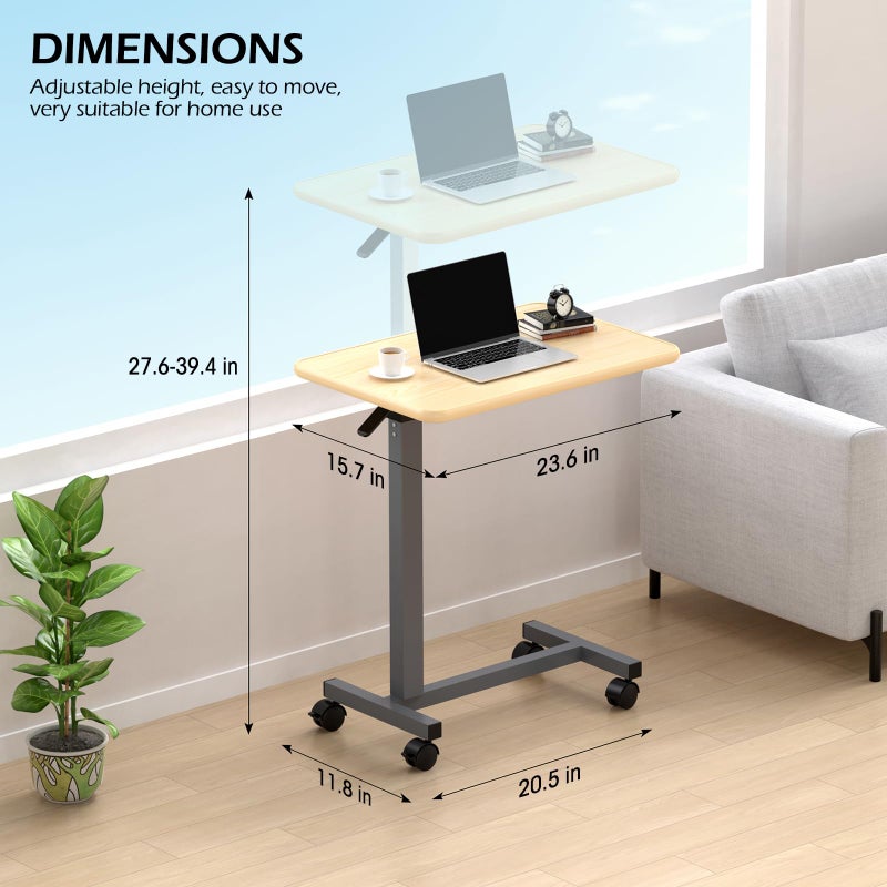 WOTURE Adjustable Overbed Table with Wheels, Bedside Rolling Table, Pneumatic Height Adjustment, Hospital Bed Table on Wheels, Standing Desk, Bedridden & Mobility Needs, Maple - Image 2