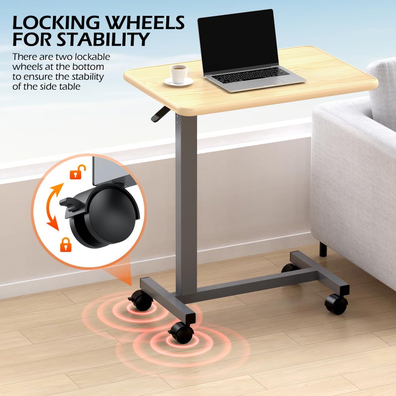 WOTURE Adjustable Overbed Table with Wheels, Bedside Rolling Table, Pneumatic Height Adjustment, Hospital Bed Table on Wheels, Standing Desk, Bedridden & Mobility Needs, Maple - Image 4