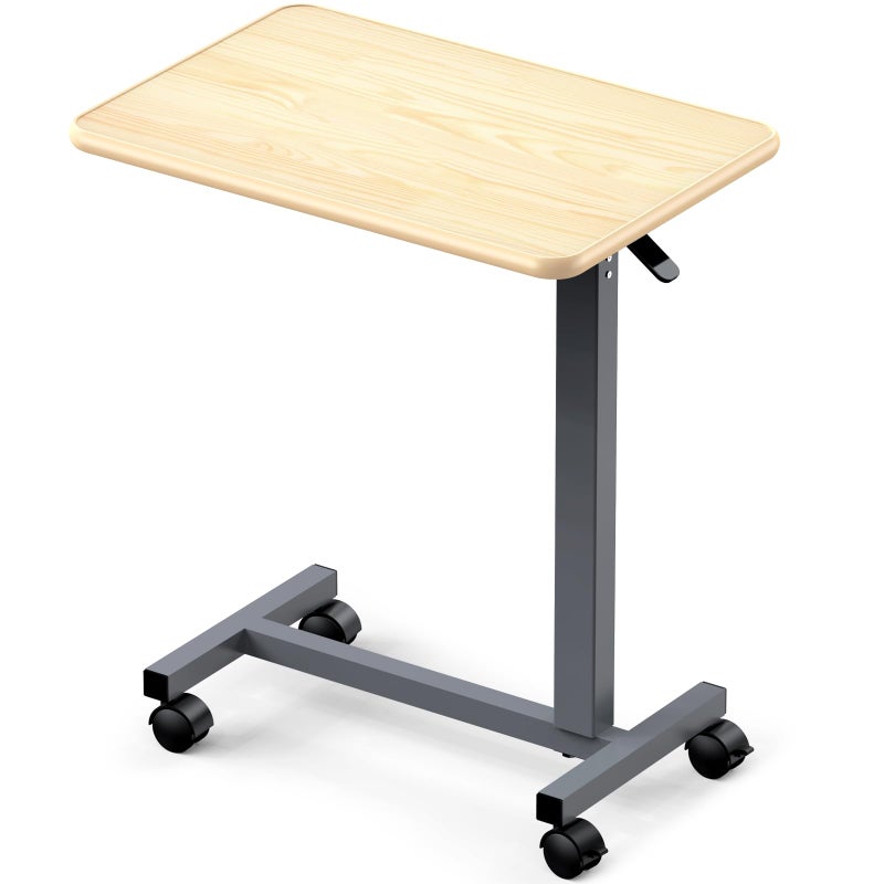 WOTURE Adjustable Overbed Table with Wheels, Bedside Rolling Table, Pneumatic Height Adjustment, Hospital Bed Table on Wheels, Standing Desk, Bedridden & Mobility Needs, Maple - Image 1