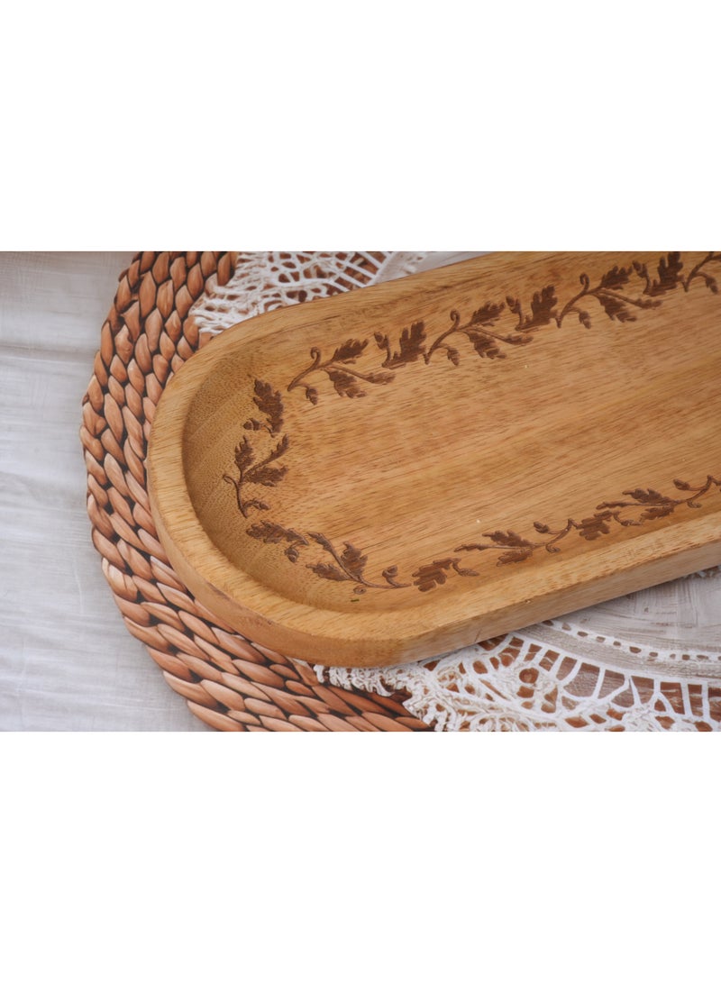 Botanica Etched Wooden Serving Tray – Handcrafted Mango Wood Platter for Snacks, Fruits, Appetizers & Décor – Eco-Friendly Rustic Kitchenware (17.5x6.5 in) - Image 4