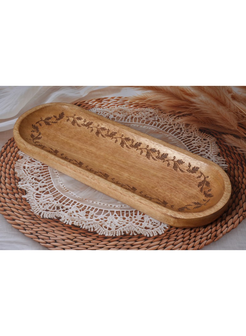 Botanica Etched Wooden Serving Tray – Handcrafted Mango Wood Platter for Snacks, Fruits, Appetizers & Décor – Eco-Friendly Rustic Kitchenware (17.5x6.5 in) - Image 1