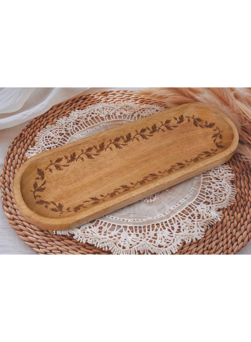 Botanica Etched Wooden Serving Tray – Handcrafted Mango Wood Platter for Snacks, Fruits, Appetizers & Décor – Eco-Friendly Rustic Kitchenware (17.5x6.5 in) - Image 3