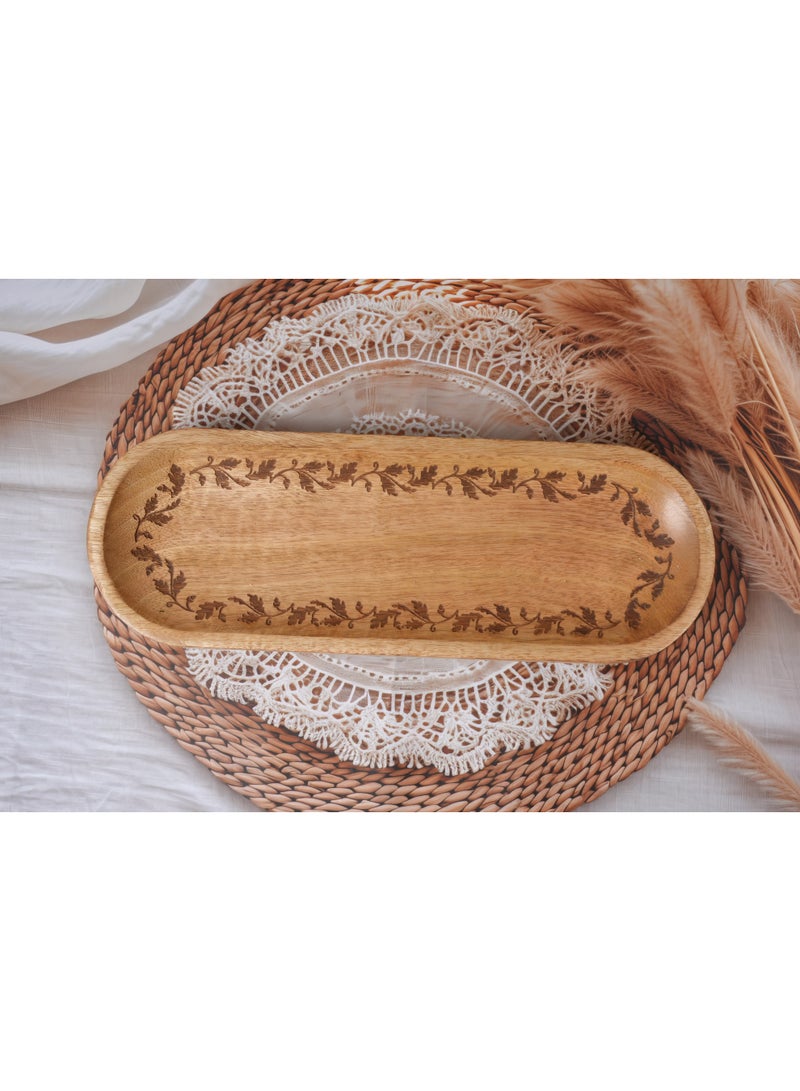 Botanica Etched Wooden Serving Tray – Handcrafted Mango Wood Platter for Snacks, Fruits, Appetizers & Décor – Eco-Friendly Rustic Kitchenware (17.5x6.5 in) - Image 2