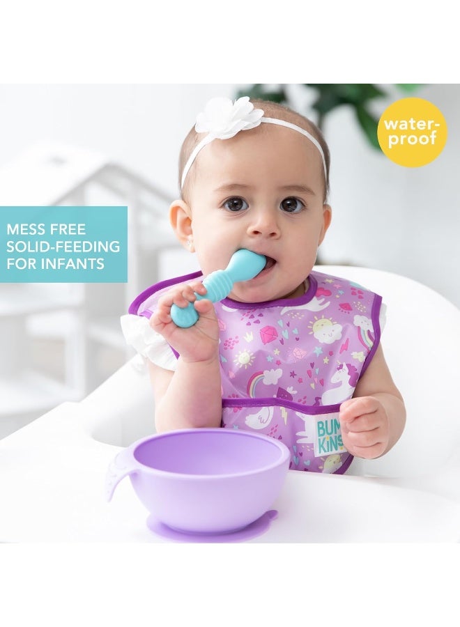 Bumkins Bibs, for Baby Girl or Boy, Infant 3-9 Mos, Essential Must Have for Eating, Feeding, Baby Led Weaning, Mess Saving Waterproof Soft Fabric, Starter Bib 2-pk Unicorns, Rainbows Blue and Purple - Image 2