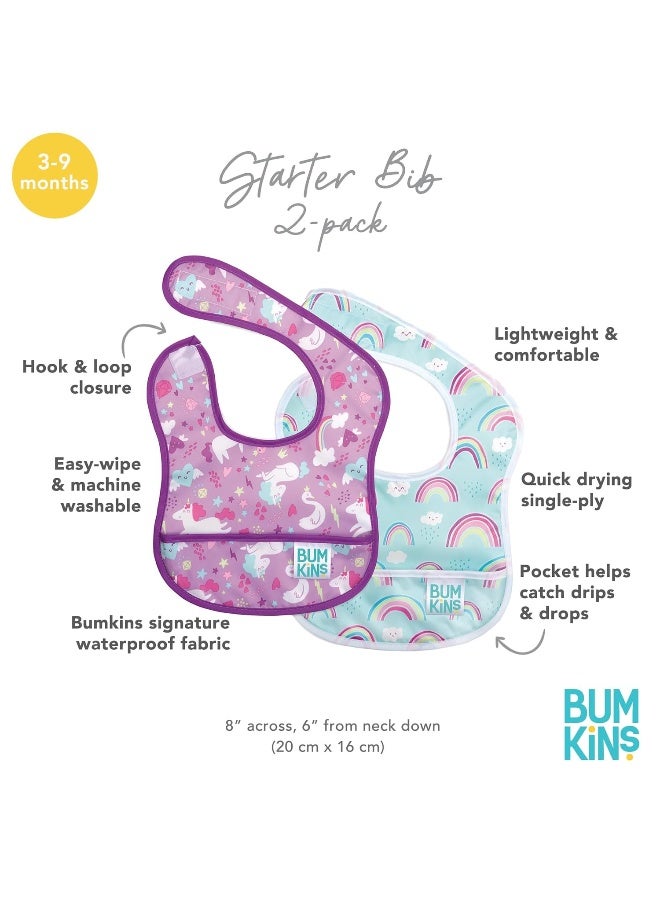 Bumkins Bibs, for Baby Girl or Boy, Infant 3-9 Mos, Essential Must Have for Eating, Feeding, Baby Led Weaning, Mess Saving Waterproof Soft Fabric, Starter Bib 2-pk Unicorns, Rainbows Blue and Purple - Image 5