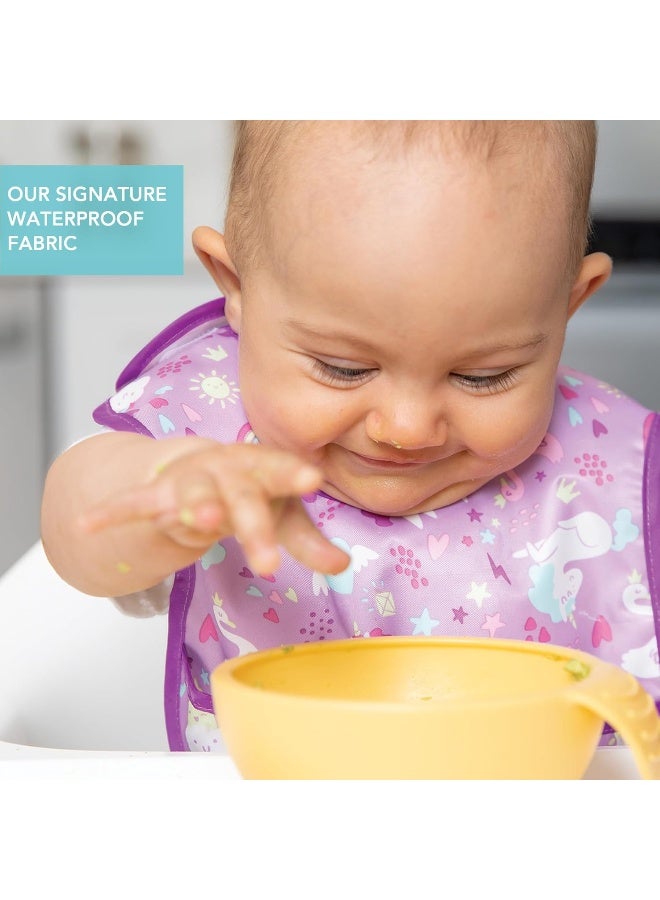 Bumkins Bibs, for Baby Girl or Boy, Infant 3-9 Mos, Essential Must Have for Eating, Feeding, Baby Led Weaning, Mess Saving Waterproof Soft Fabric, Starter Bib 2-pk Unicorns, Rainbows Blue and Purple - Image 4