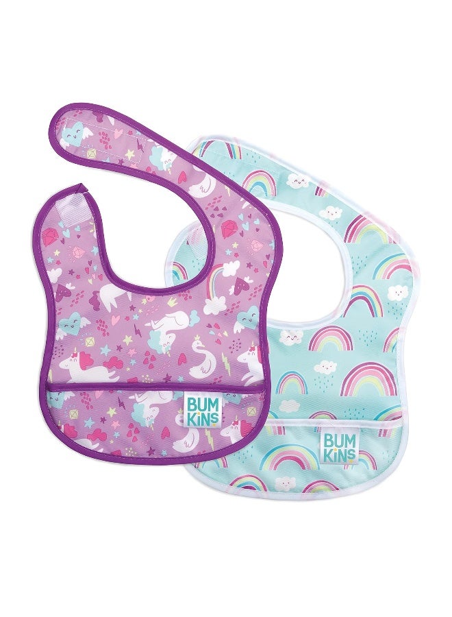 Bumkins Bibs, for Baby Girl or Boy, Infant 3-9 Mos, Essential Must Have for Eating, Feeding, Baby Led Weaning, Mess Saving Waterproof Soft Fabric, Starter Bib 2-pk Unicorns, Rainbows Blue and Purple - Image 1