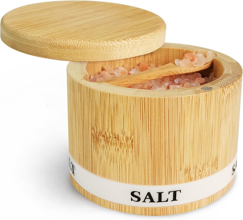 ThougrLyh Salt Box Bamboo Salt Container with Swivel Lid and Spoon Small Spice Cellar with Label 8 oz Capacity salt Holder for Countertop with Magnetic to Easy Open and Seal - Image 1