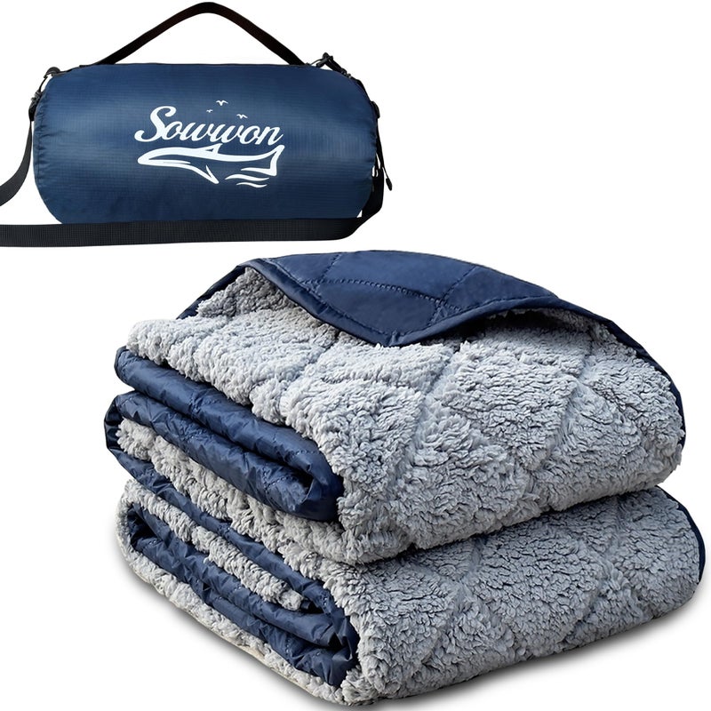 sowwon Waterproof Outdoor Blanket 82â€X 55â€ Packable, Stadium Blankets for Camping with Sherpa Fleece Lining, Large Windproof Emergency Mat for Garss Picnic Hiking Road Trip, Machine Washable, Navy 300GSM - Image 1