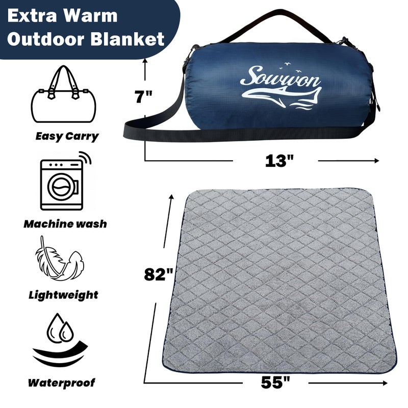 sowwon Waterproof Outdoor Blanket 82â€X 55â€ Packable, Stadium Blankets for Camping with Sherpa Fleece Lining, Large Windproof Emergency Mat for Garss Picnic Hiking Road Trip, Machine Washable, Navy 300GSM - Image 2
