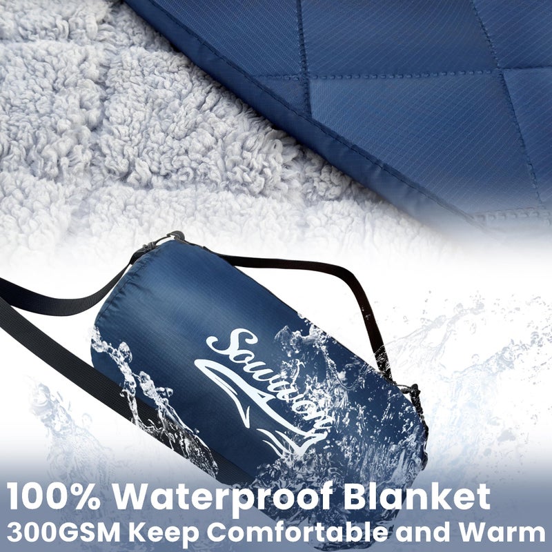 sowwon Waterproof Outdoor Blanket 82â€X 55â€ Packable, Stadium Blankets for Camping with Sherpa Fleece Lining, Large Windproof Emergency Mat for Garss Picnic Hiking Road Trip, Machine Washable, Navy 300GSM - Image 3