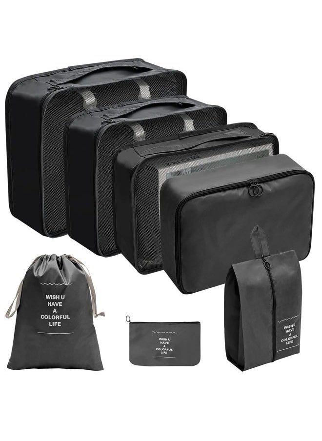 Denzoz - Black Packing Cubes for Suitcase 7 PCS Travel Packing Cubes Lightweight Suitcase Organizer Bags Set Luggage Packing Organizers for Travel Accessories with Shoe Bags - Image 1
