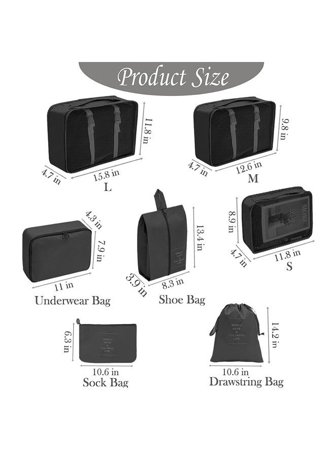 Denzoz - Black Packing Cubes for Suitcase 7 PCS Travel Packing Cubes Lightweight Suitcase Organizer Bags Set Luggage Packing Organizers for Travel Accessories with Shoe Bags - Image 1