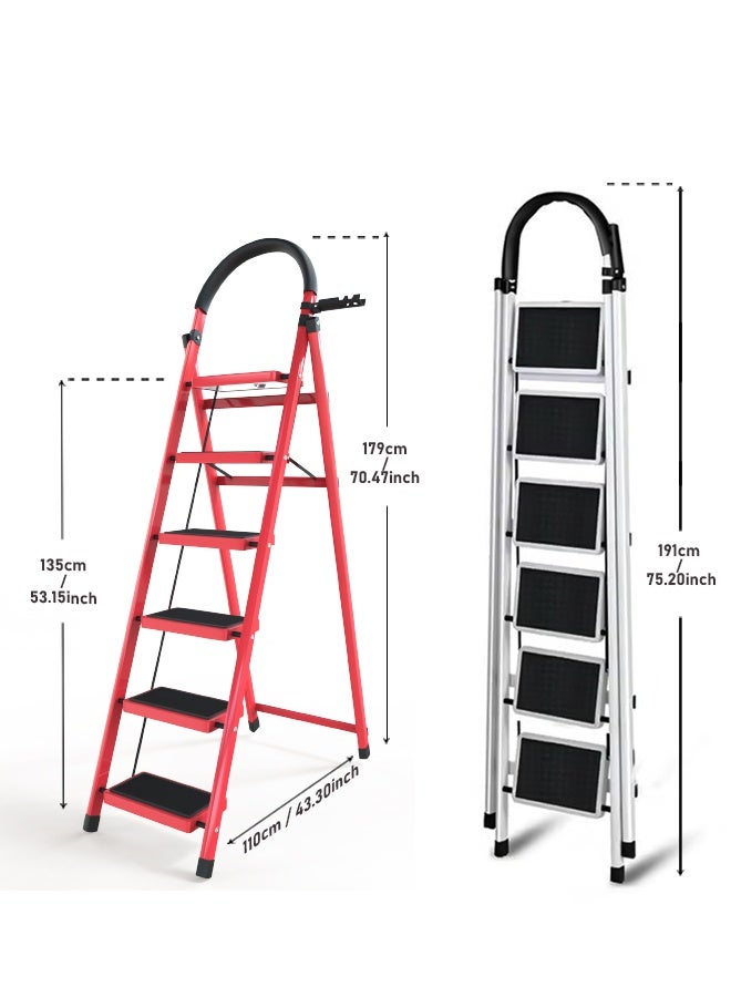 Foldable Ladder 6 Steps, Home Ladder Folding Step Stool with Wide Anti-Slip Pedal, and Adults Folding Sturdy Steel Ladder for Home,Kitchen, Garden, and Office Red - Image 2