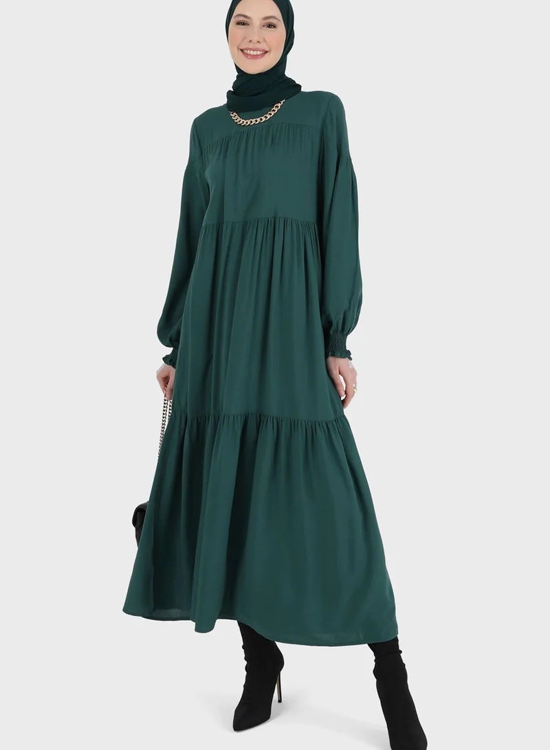 Refka by modanisa Puff Sleeve Tiered Dress for Women | Best Price Oman