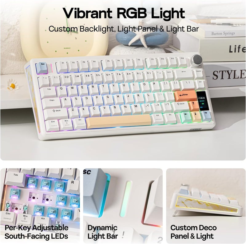 EPOMAKER TH80 V2 PRO Wireless Mechanical Keyboard, Screen & Knob, 10000mAh & 2.4G/BT, Hot-Swap, PBT Keycap, Mac Modifier, RGB, Creamy Gasket, Custom Gaming Keyboard for Mac/PC (White, Creamy Jade) - Image 4