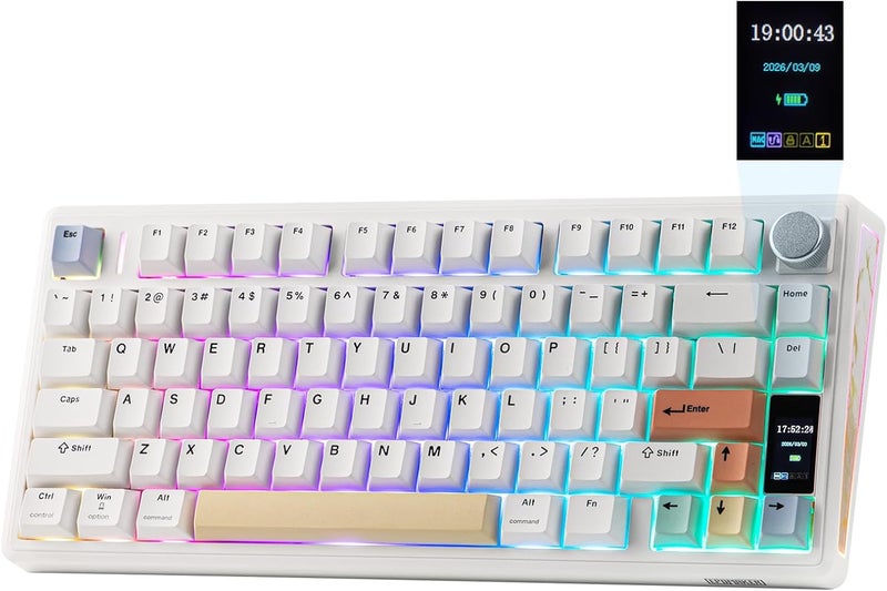 EPOMAKER TH80 V2 PRO Wireless Mechanical Keyboard, Screen & Knob, 10000mAh & 2.4G/BT, Hot-Swap, PBT Keycap, Mac Modifier, RGB, Creamy Gasket, Custom Gaming Keyboard for Mac/PC (White, Creamy Jade) - Image 1