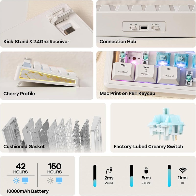 EPOMAKER TH80 V2 PRO Wireless Mechanical Keyboard, Screen & Knob, 10000mAh & 2.4G/BT, Hot-Swap, PBT Keycap, Mac Modifier, RGB, Creamy Gasket, Custom Gaming Keyboard for Mac/PC (White, Creamy Jade) - Image 2