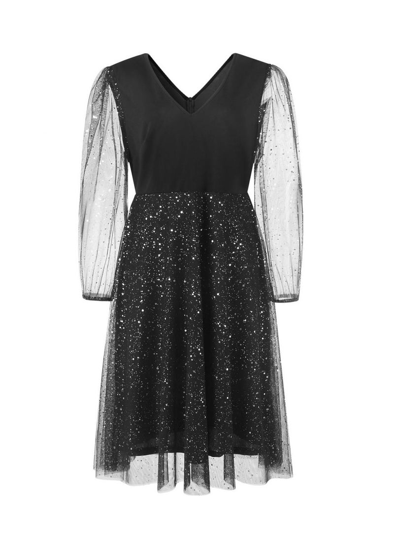NIBEMINENT Plus Size Party Dress, Women's Plus Mesh Sequin Lantern Sleeve Surplice Neck Dress  - Image 5