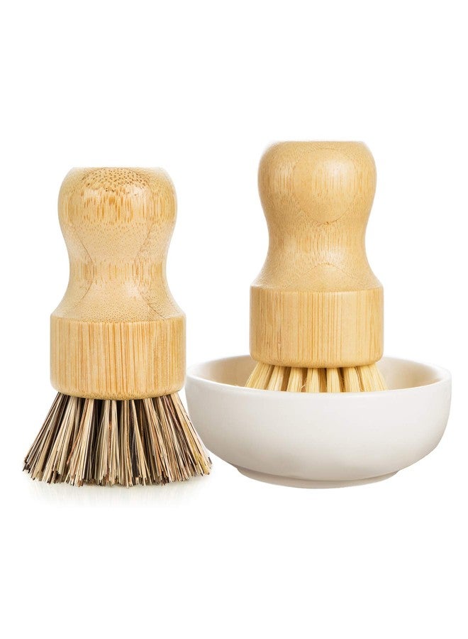 GREENTH PRO Palm Pot Dish Brush- Nature Bamboo 2 Packs Mini Durable Scrub for Kitchen Cleaning with Ceramics Holder - Image 1