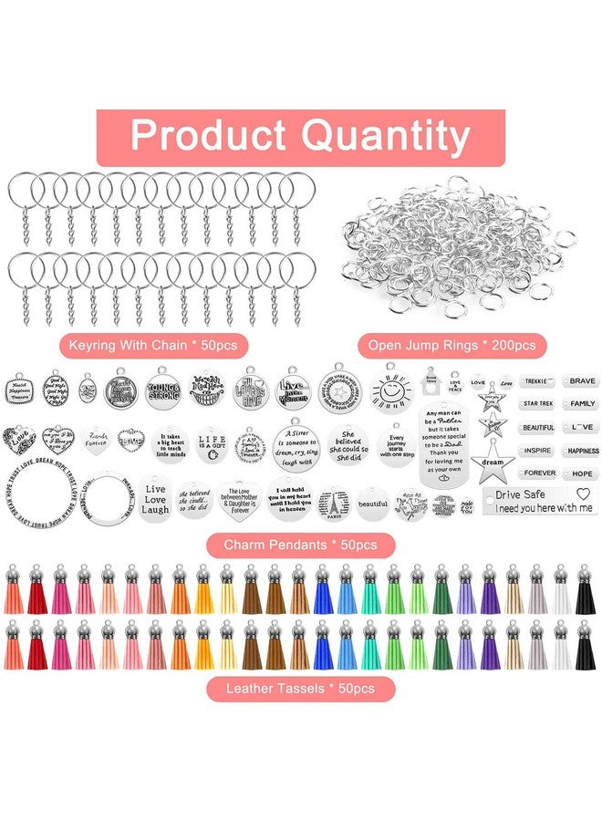 Audab 350Pcs Motivational Keychain Accessories Set With 50 Engraved Inspirational Words Charms 50 Leather Keychain Tassels 50 Keyring With Chain 200 Open Jump Rings For Keychain Making Diy Crafting - Image 2
