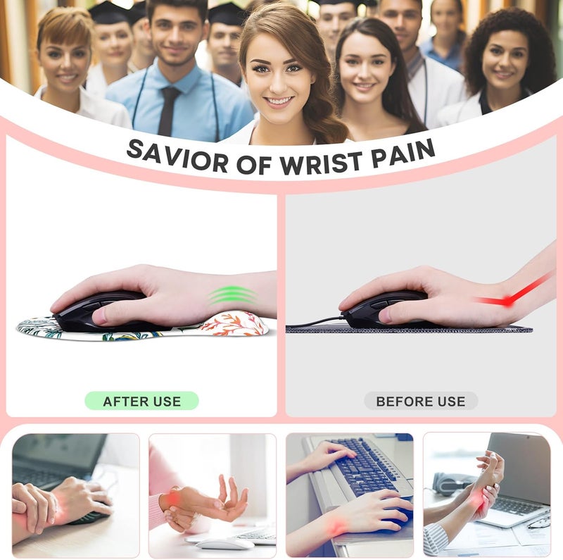 JIKIOU Mouse Pad, 2 Pack Ergonomic Mouse Pads with Comfortable Gel Wrist Rest Support and Smooth Cloth, Non-Slip PU Base for Easy Typing Pain Relief Durable and Easy to Clean Small White Flowers - Image 3