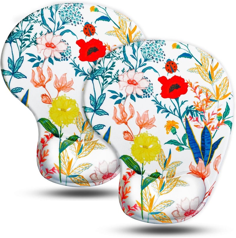 JIKIOU Mouse Pad, 2 Pack Ergonomic Mouse Pads with Comfortable Gel Wrist Rest Support and Smooth Cloth, Non-Slip PU Base for Easy Typing Pain Relief Durable and Easy to Clean Small White Flowers - Image 1
