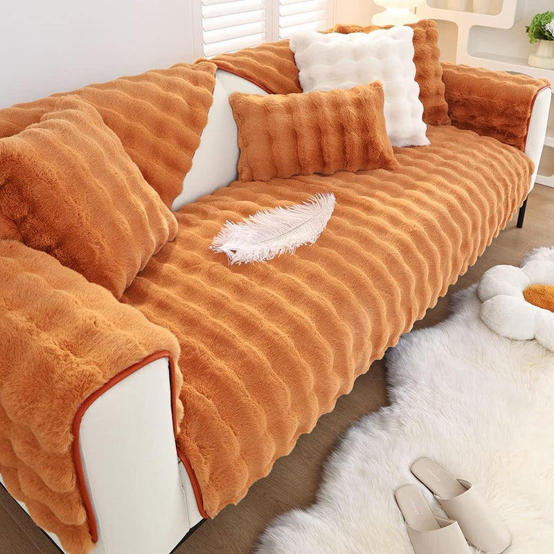 XSlive Soft Warm Faux Fur Couch Sofa Cover Thick Shaggy Fuzzy Sectional Couch Cover Non-Slip Solid Color Plush Sofa Slipcover Furniture Protector for Kids  Pets (Dark Orange 43""x43"") - Image 4