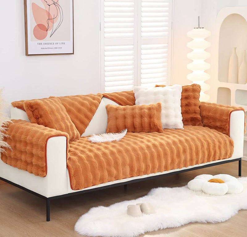 XSlive Soft Warm Faux Fur Couch Sofa Cover Thick Shaggy Fuzzy Sectional Couch Cover Non-Slip Solid Color Plush Sofa Slipcover Furniture Protector for Kids  Pets (Dark Orange 43""x43"") - Image 3